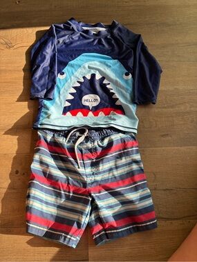 Simple Navy, Light Blue & Red Shark Rashguard Swim Set
